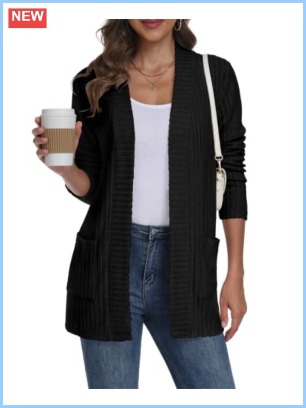 Women's Soft Ribbed Knit Open Front Cardigan with Pockets Long Sleeve